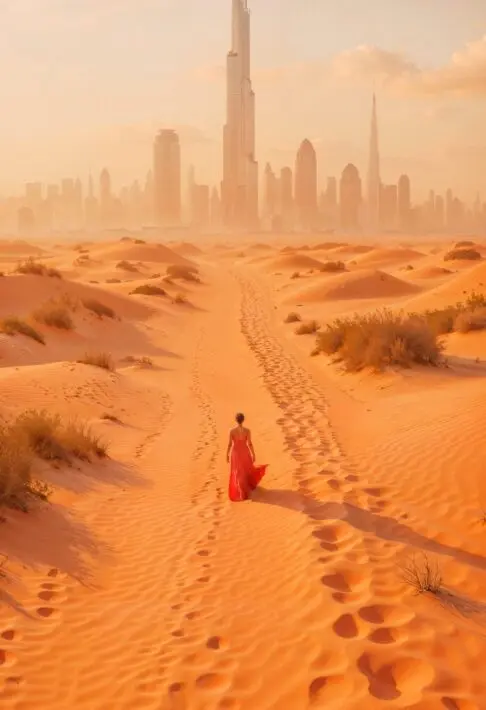 woman walking in a desert towards a city