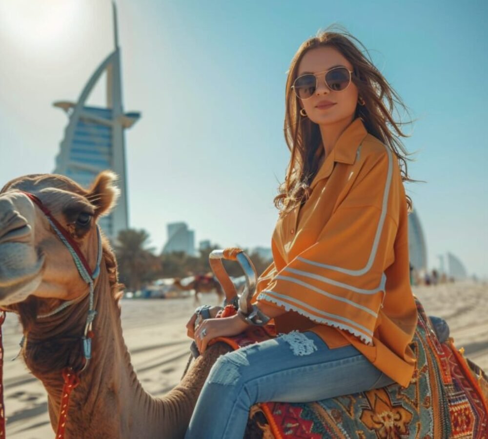 Woman riding a camel in Dubai